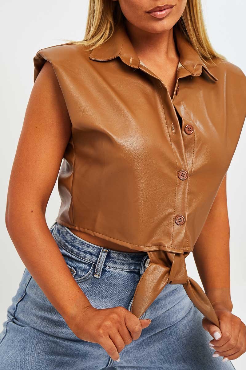 Camel Faux Leather Tie Shoulder Pad Shirt - Cristina - Image 4