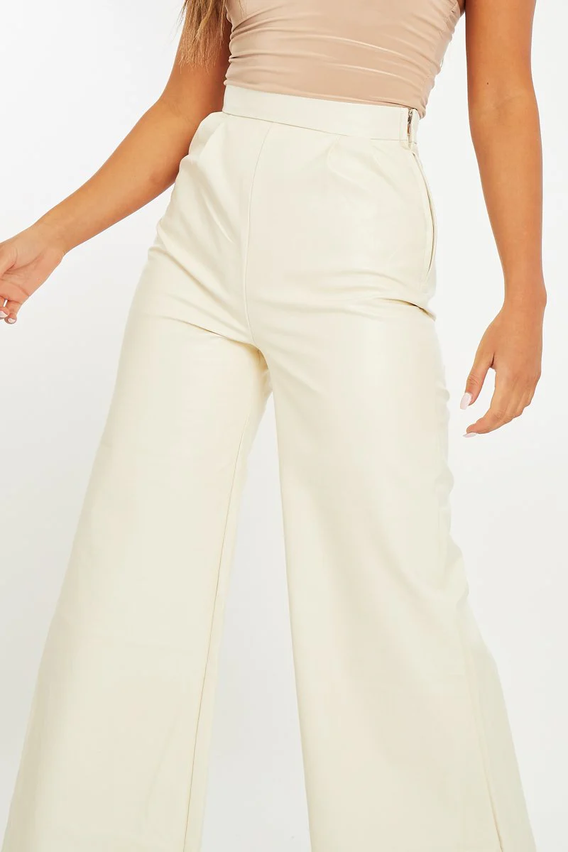 Cream High Waist Wide Leg Faux Leather Trousers - Hanika - Image 4