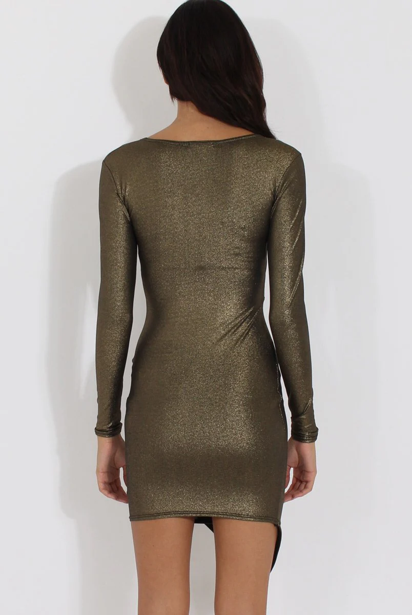 Gold Metallic Wrap Side Ruched Dress - Harlie - Image 5