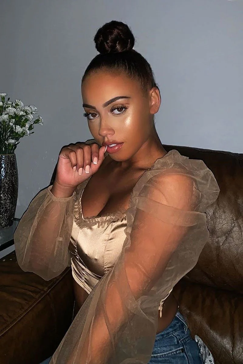 Gold Satin Mesh Sleeve Ruched Detail Crop Top - Rya - Image 6