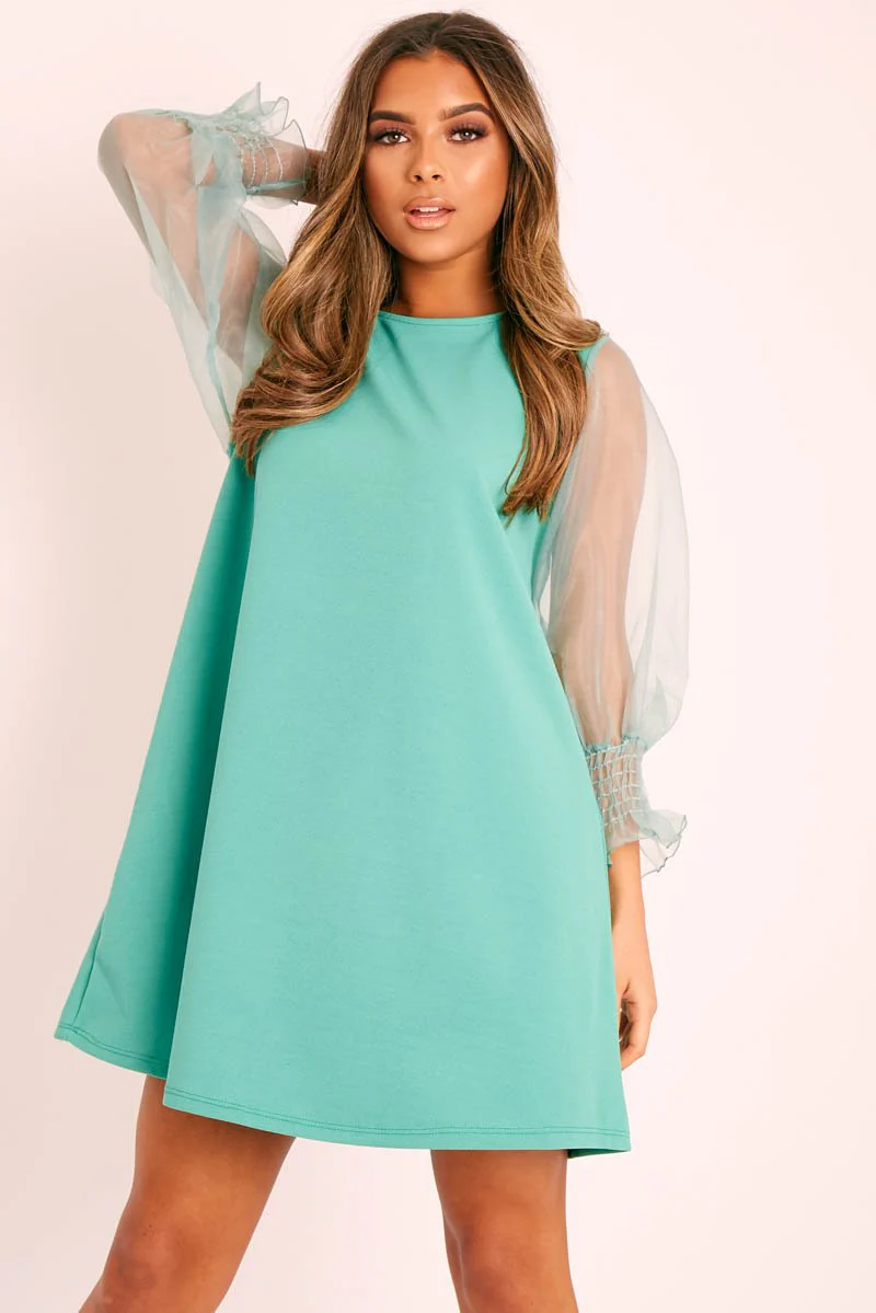 Green Mesh Sleeve Shift Dress - Elizzie - Image 3