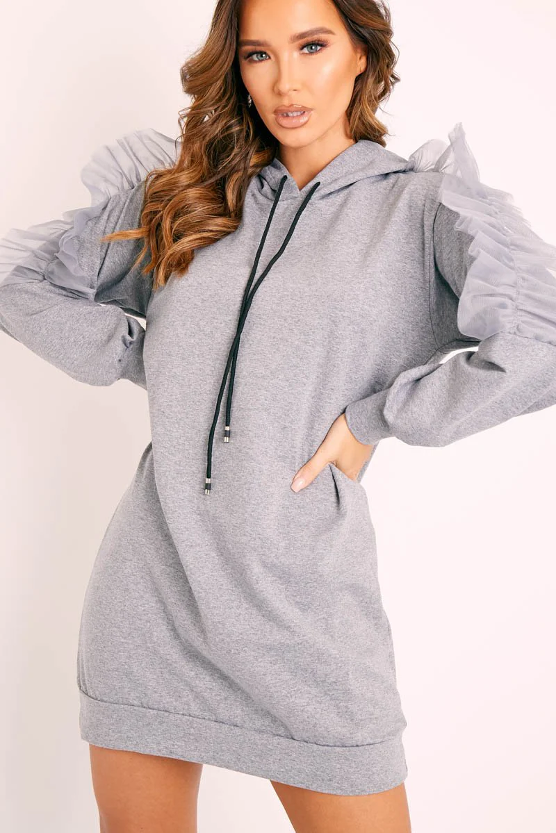 Grey Mesh Frill Sleeve Hoodie Jumper Dress - Carlotta - Image 3