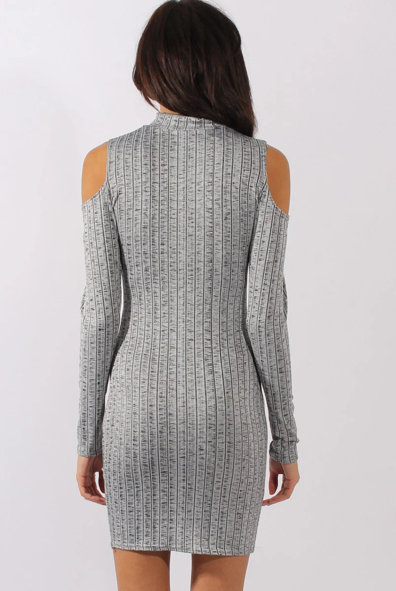 Grey Ribbed Cold Shoulder High Neck Dress - Evie - Image 3