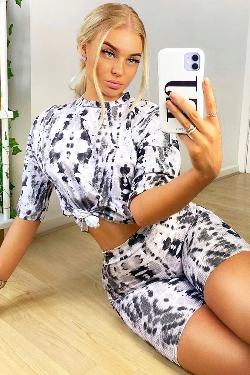 Grey Tie Dye Ribbed Cycling Shorts Co-ord - Haizlee - Image 7