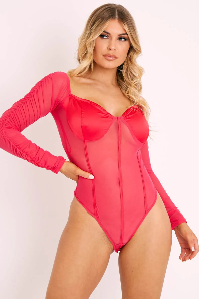 Hot Pink Satin Corset Ruched Arm Bodysuit - Hartlee - Image 4