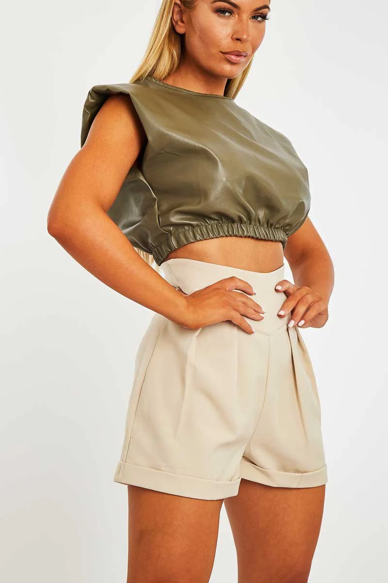 Khaki Cropped Faux Leather Shoulder Pad Top - Kirrah - Image 4