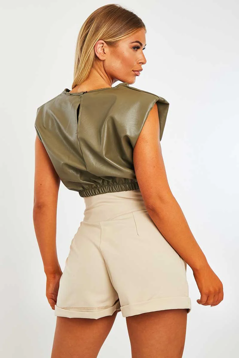 Khaki Cropped Faux Leather Shoulder Pad Top - Kirrah - Image 5