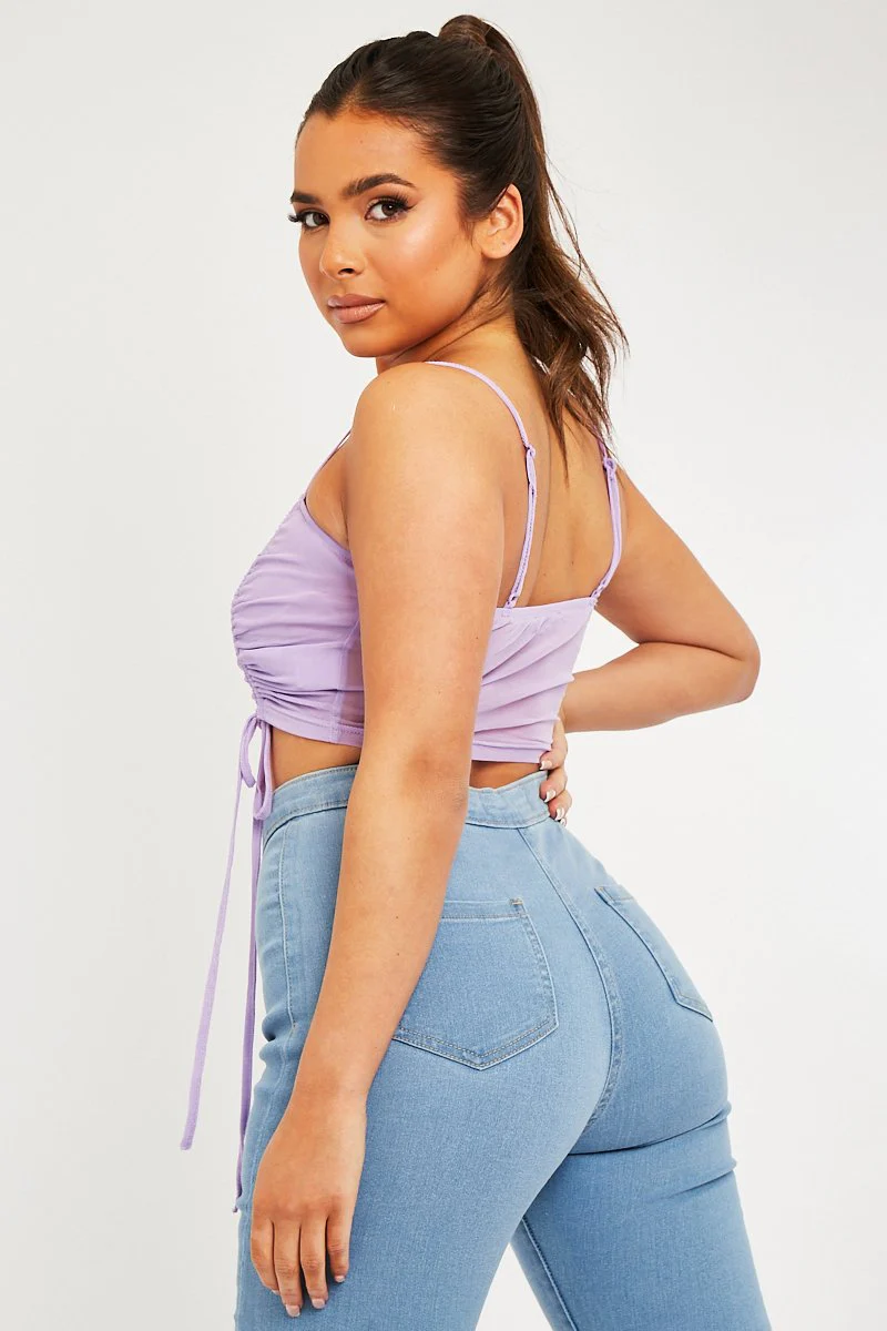 Lilac Mesh Ruched Square Neck Crop Top - Leyna - Image 4