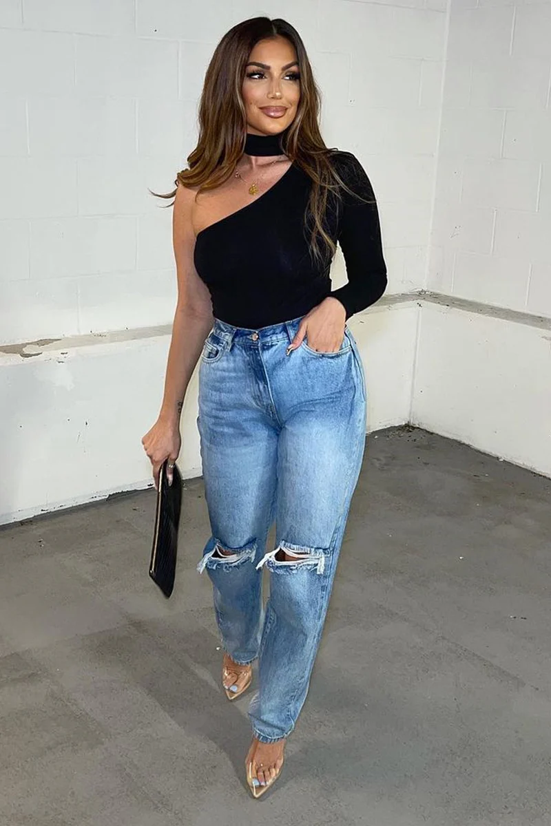 Mid Wash Denim Distressed Knee Extra Long Jeans - Ivelisse - Image 12