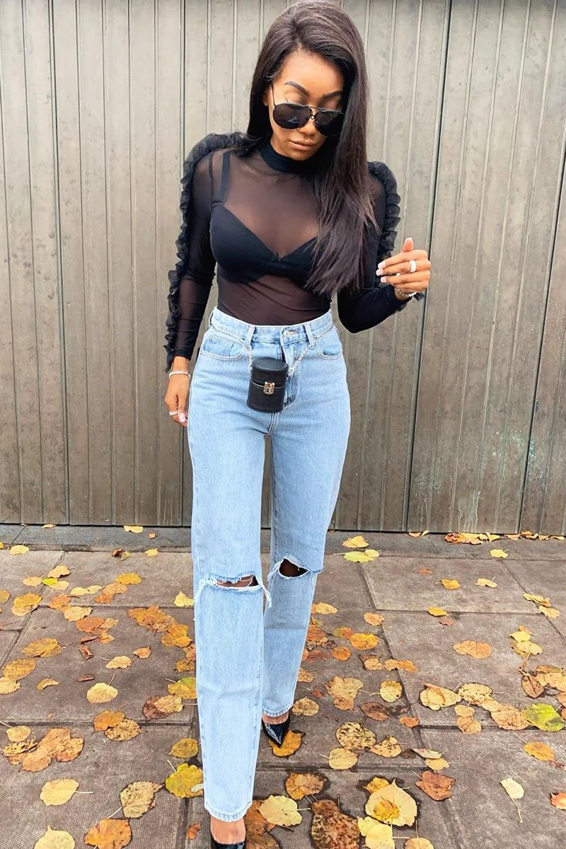 Mid Wash Denim Distressed Knee Extra Long Jeans - Ivelisse - Image 16