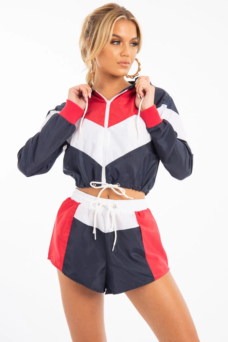 Navy Red Colour Block Hooded Jacket Shorts Tracksuit Co-ord - Jettie - Image 3