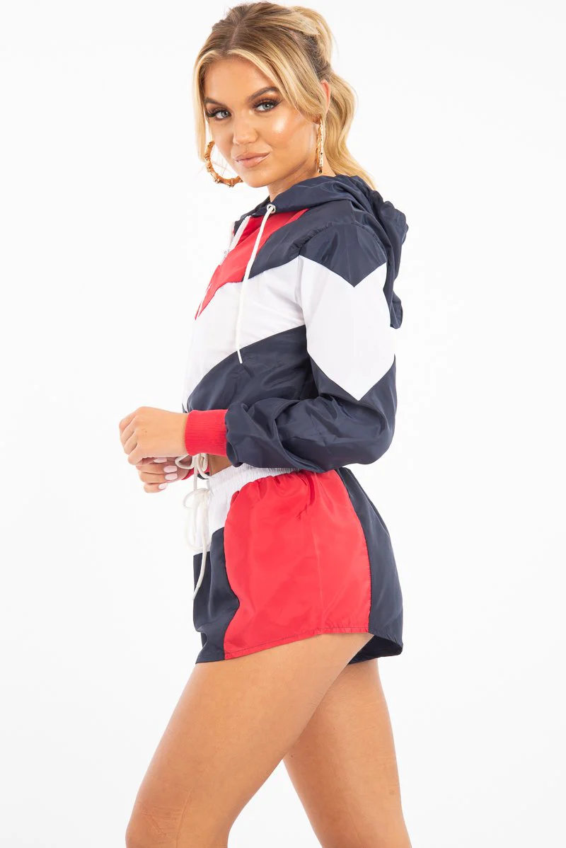 Navy Red Colour Block Hooded Jacket Shorts Tracksuit Co-ord - Jettie - Image 4