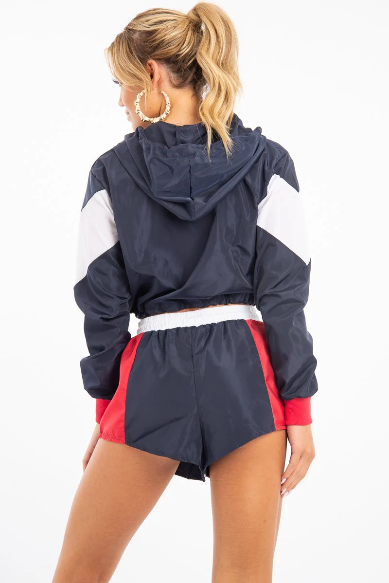 Navy Red Colour Block Hooded Jacket Shorts Tracksuit Co-ord - Jettie - Image 5