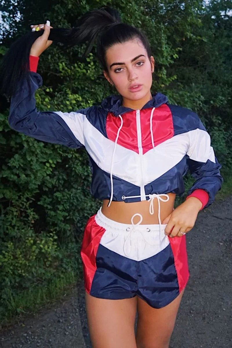 Navy Red Colour Block Hooded Jacket Shorts Tracksuit Co-ord - Jettie - Image 7