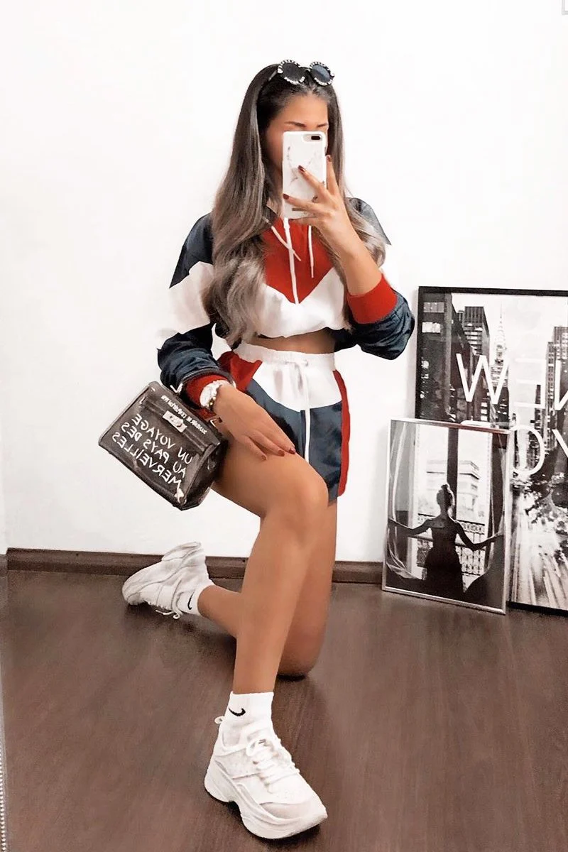 Navy Red Colour Block Hooded Jacket Shorts Tracksuit Co-ord - Jettie - Image 9