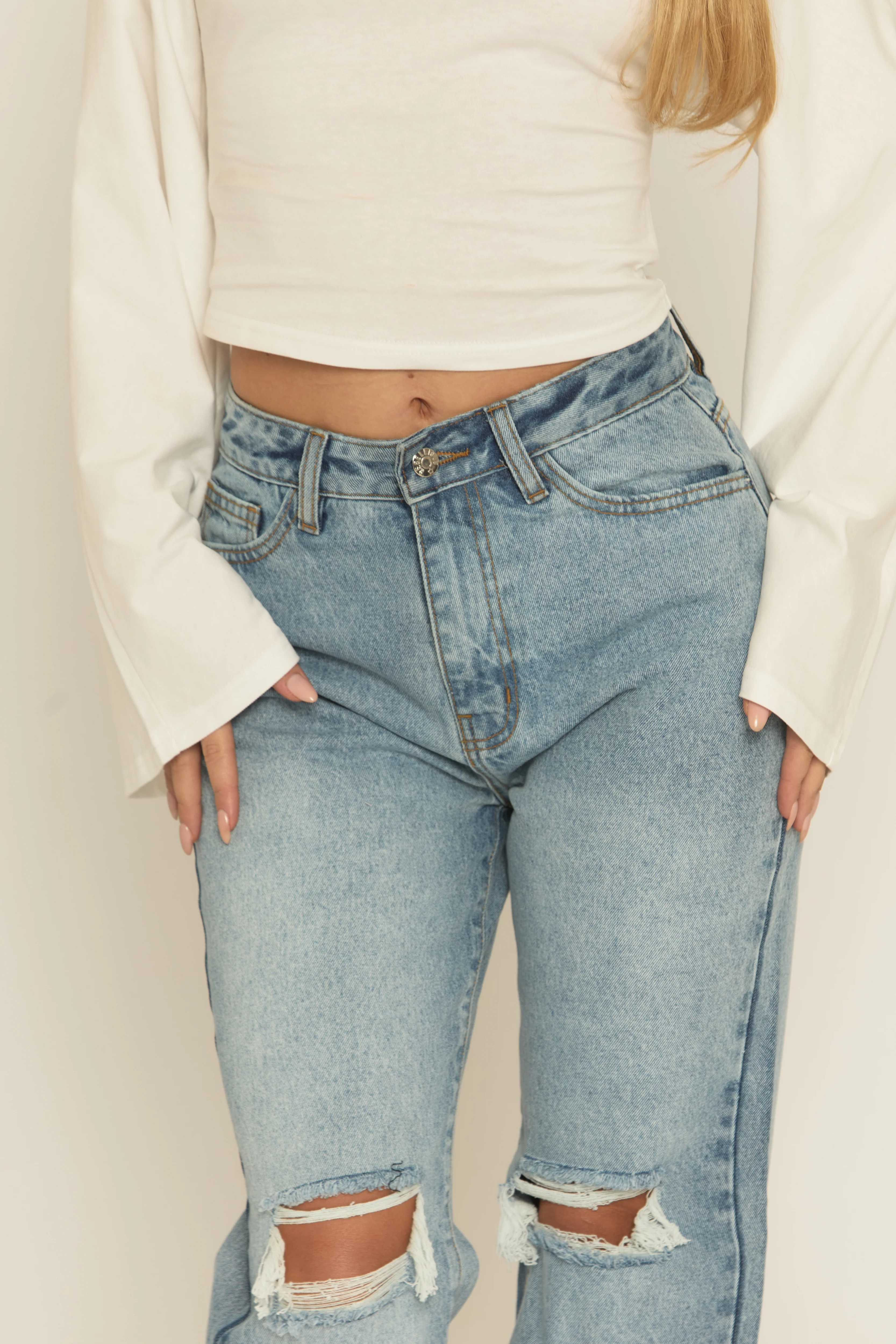 Mid Wash Denim Distressed Knee Extra Long Jeans - Ivelisse - Image 4