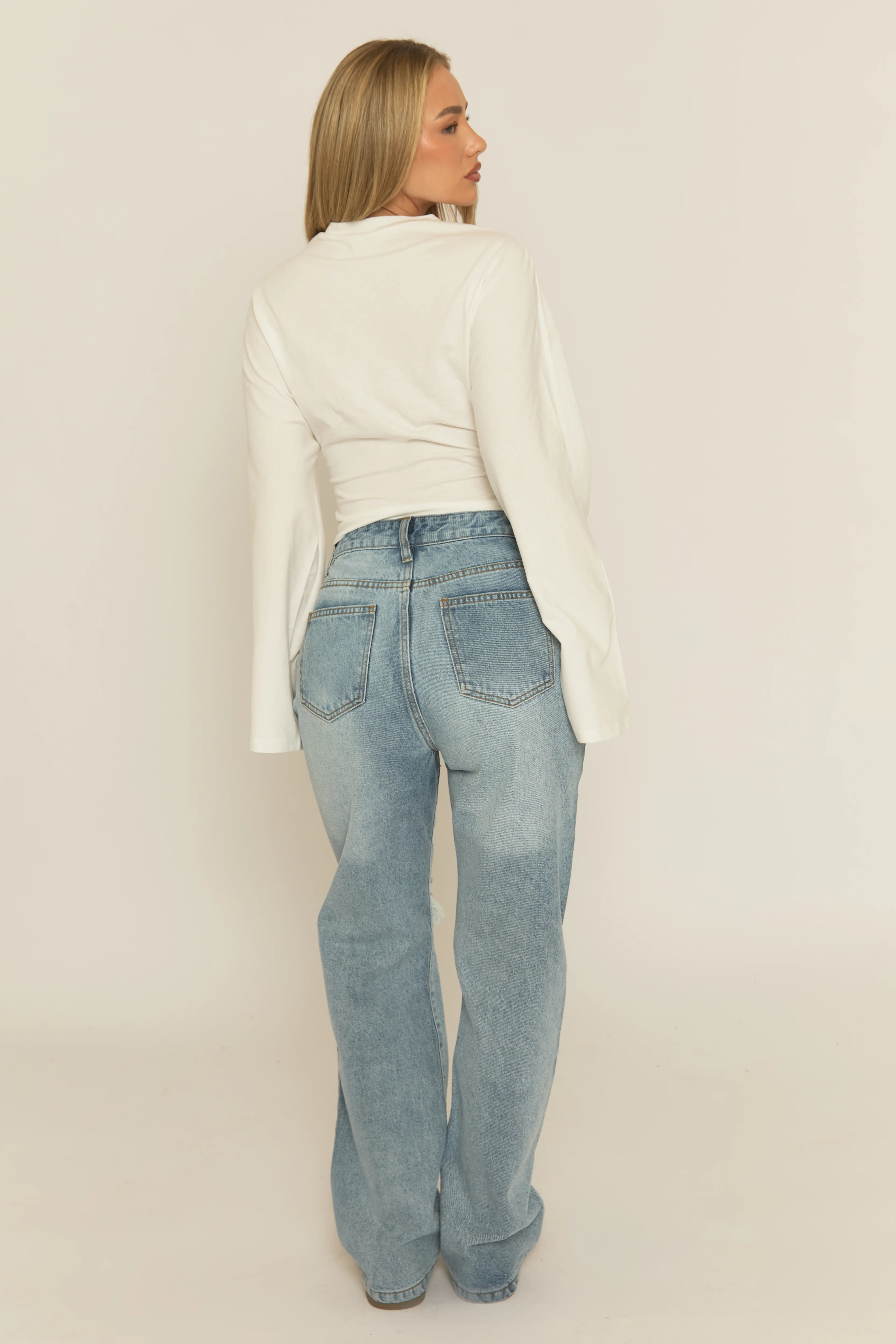 Mid Wash Denim Distressed Knee Extra Long Jeans - Ivelisse - Image 5
