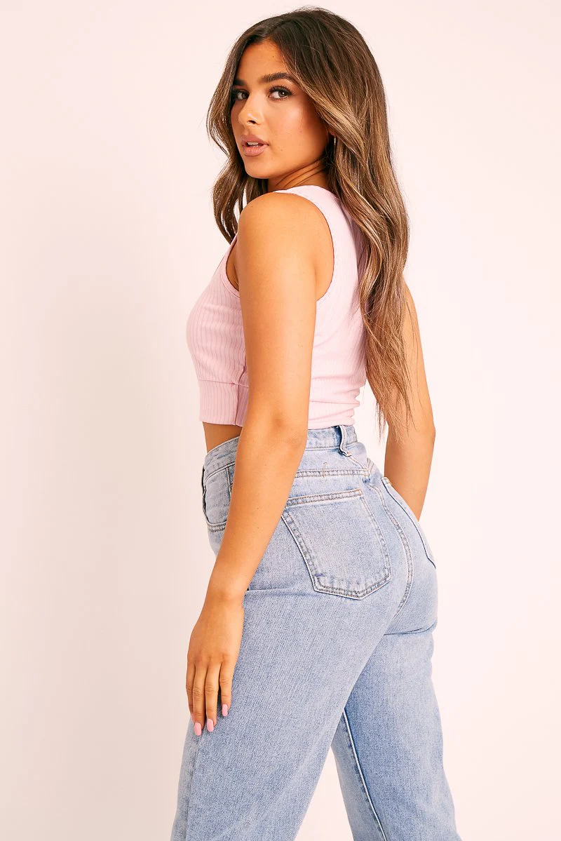 Pink Ribbed Button Front Crop Top - Brihana - Image 3