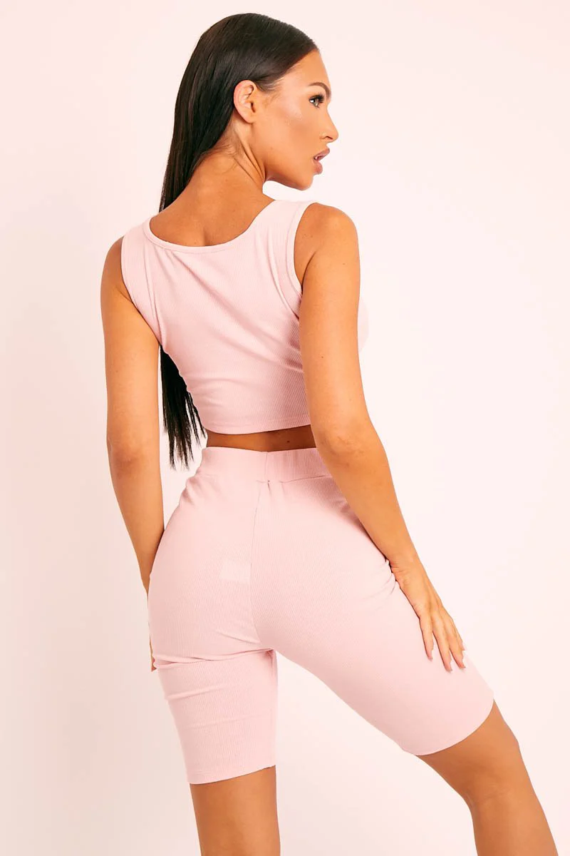 Pink Ribbed Crop Top and Cycling Shorts Co-ord - Nina - Image 5