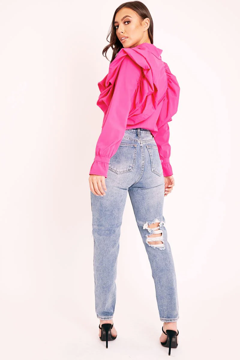 Pink Ruffle Shoulder Cropped Shirt - Fiorella - Image 4