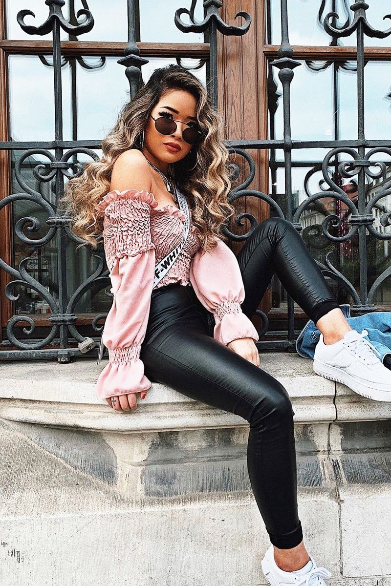 Pink Shirred Wrap Over Bardot Crop Top - Zuri - Image 4