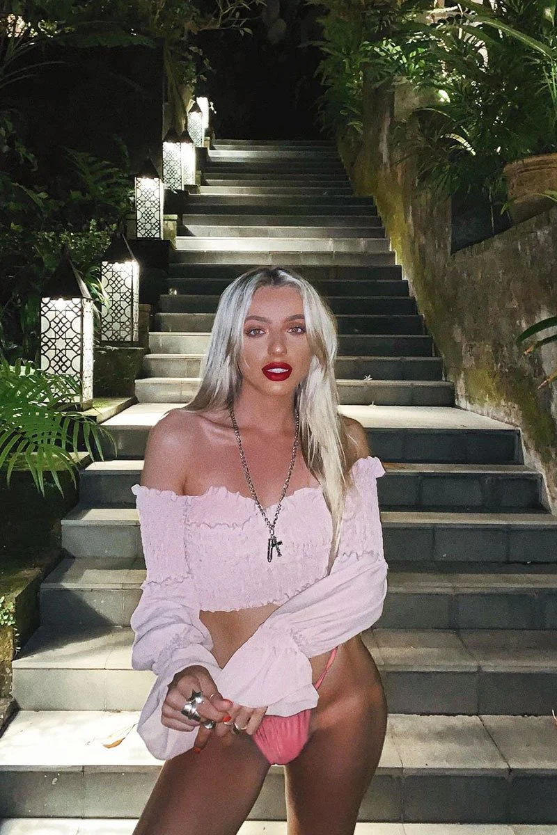 Pink Shirred Wrap Over Bardot Crop Top - Zuri - Image 5