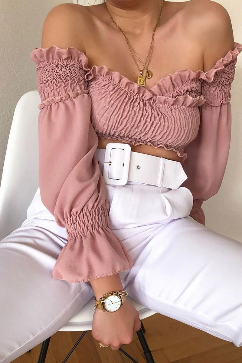 Pink Shirred Wrap Over Bardot Crop Top - Zuri - Image 6