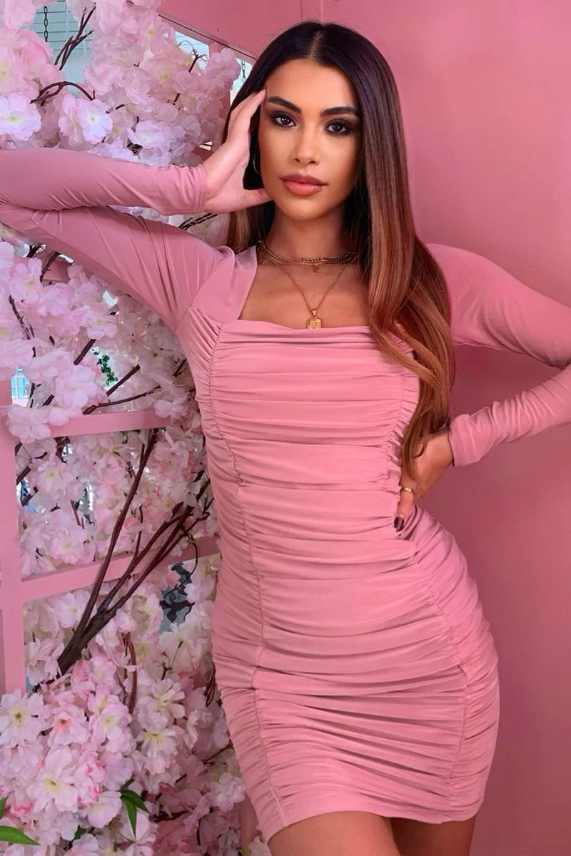Pink Square Neck Ruched Mini Bodycon Dress - Alia - Image 7