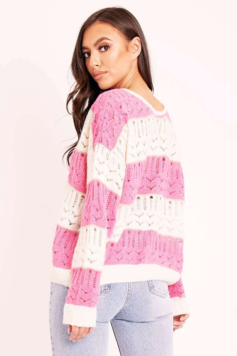 Pink Striped Metallic Thread Knit Jumper - Aarolyn - Image 4