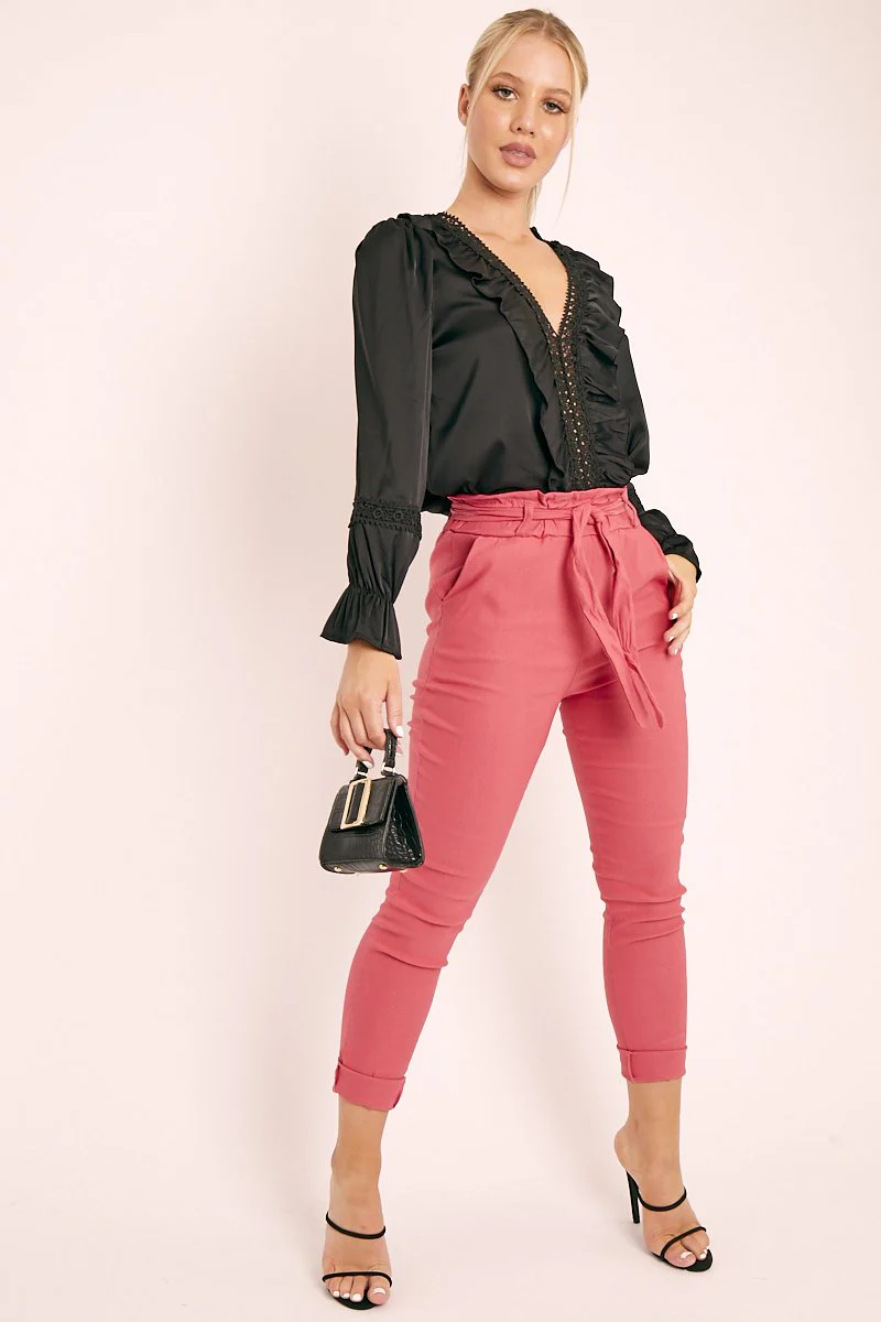 Pink Tie Belt Paperbag Waist Trousers - Jaylea - Image 3