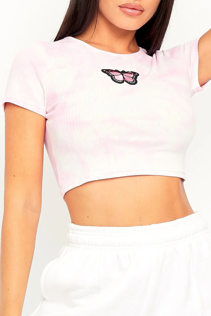 Pink Tie Dye Ribbed Butterfly Crop Top - Indya - Image 4