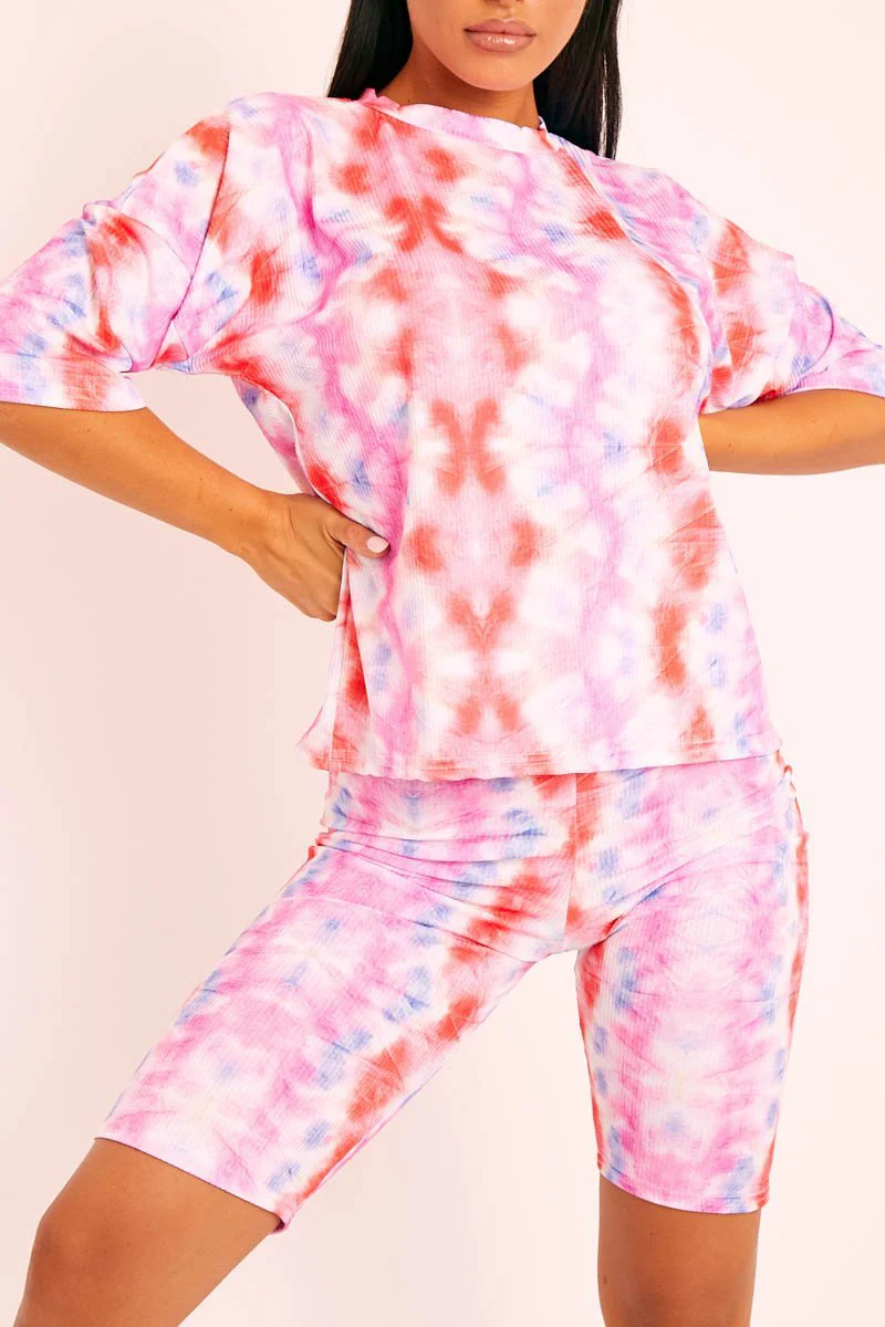 Pink Tie Dye Ribbed Cycling Shorts Co-ord - Haizlee - Image 3
