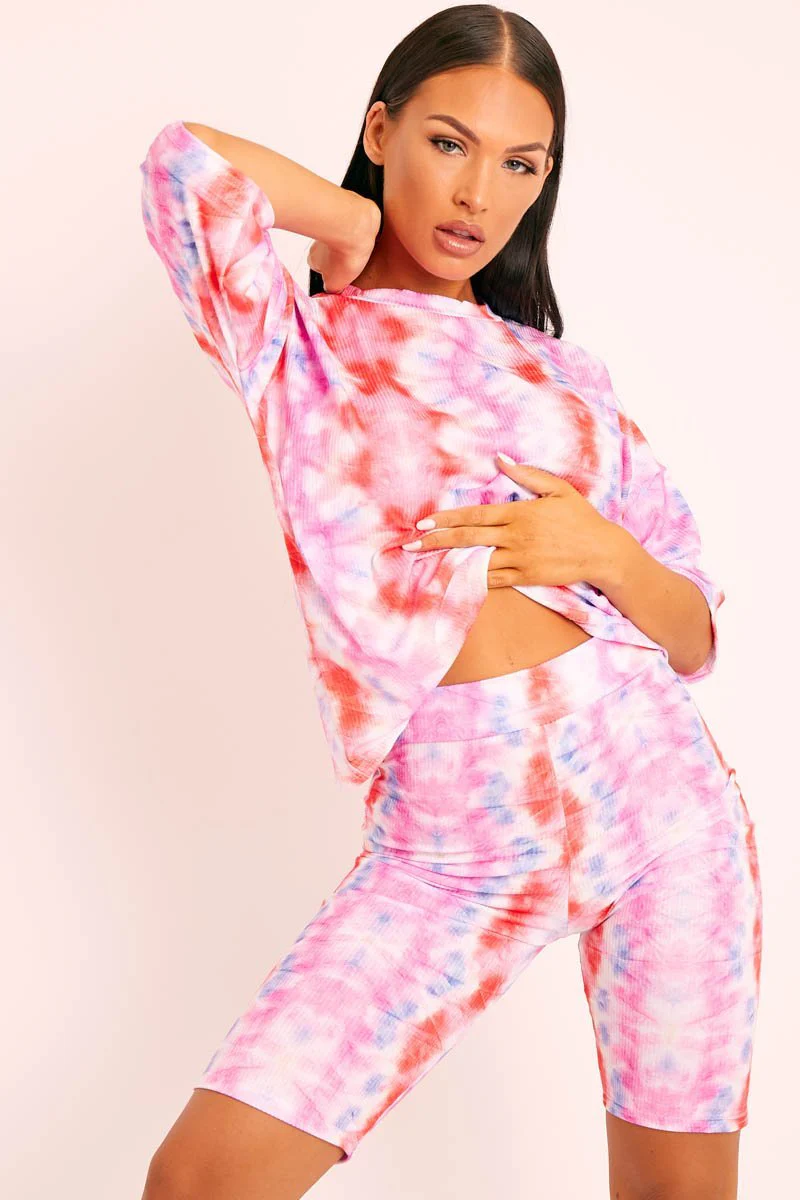 Pink Tie Dye Ribbed Cycling Shorts Co-ord - Haizlee - Image 4