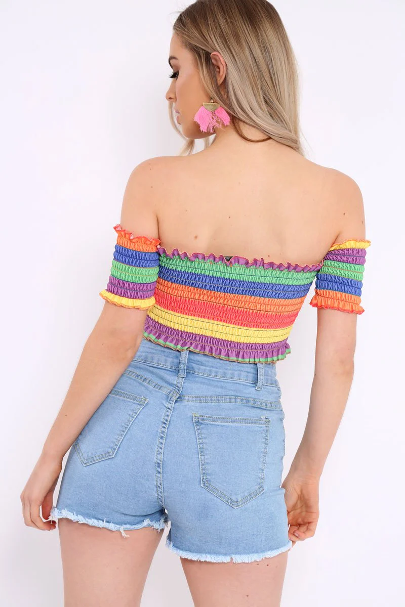Rainbow Stripe Bardot Frill Shirred Crop Top - Marieta - Image 4