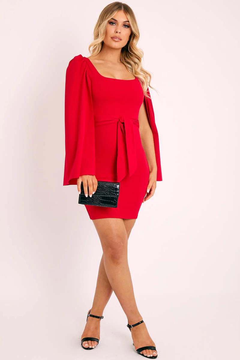Red Cape Sleeve Bodycon Dress - Fearne - Image 3