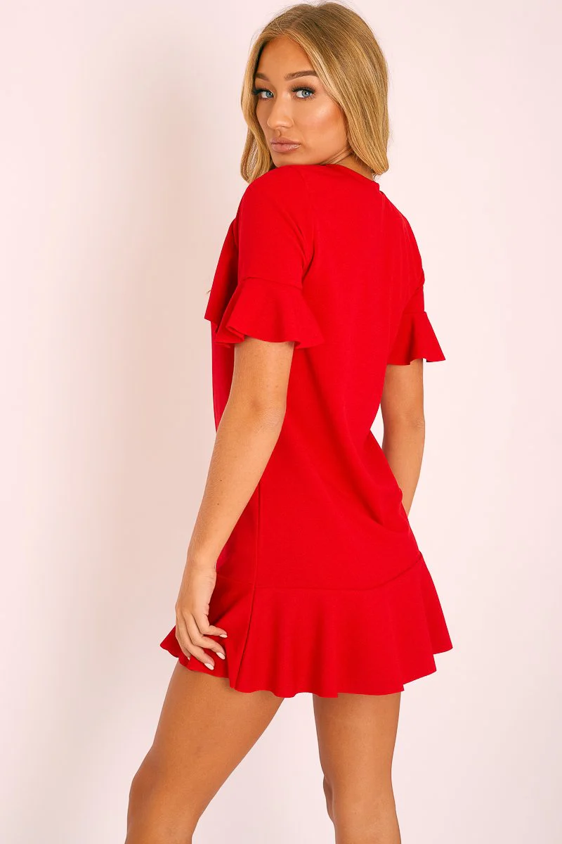 Red Frill Detail Peplum Dress - Birda - Image 3