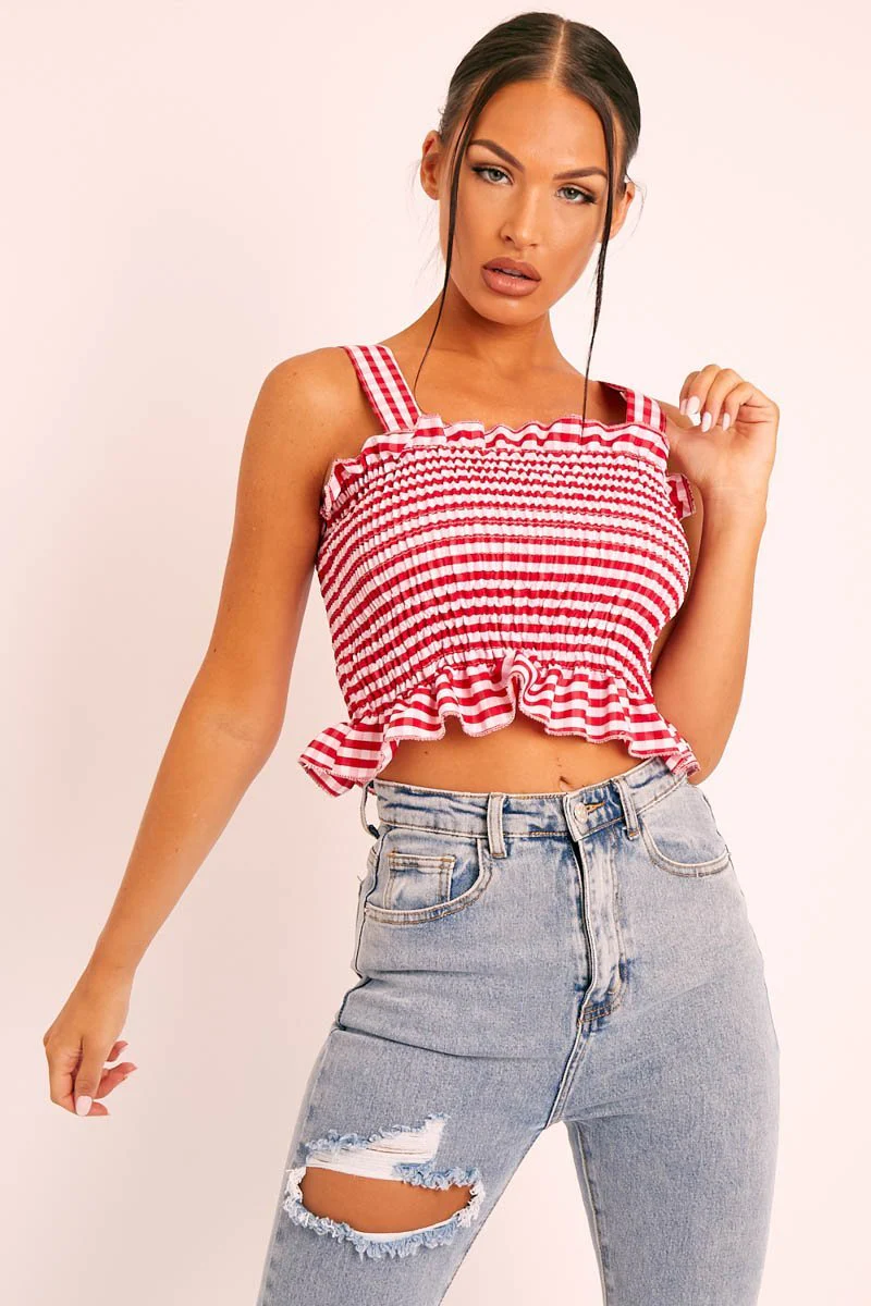 Red Gingham Shirred Crop Top - Eava - Image 3