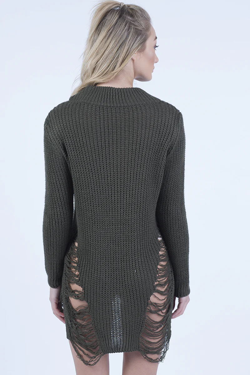 Red High Neck Cut Out Distressed Jumper Dress - Adalyn - Image 3