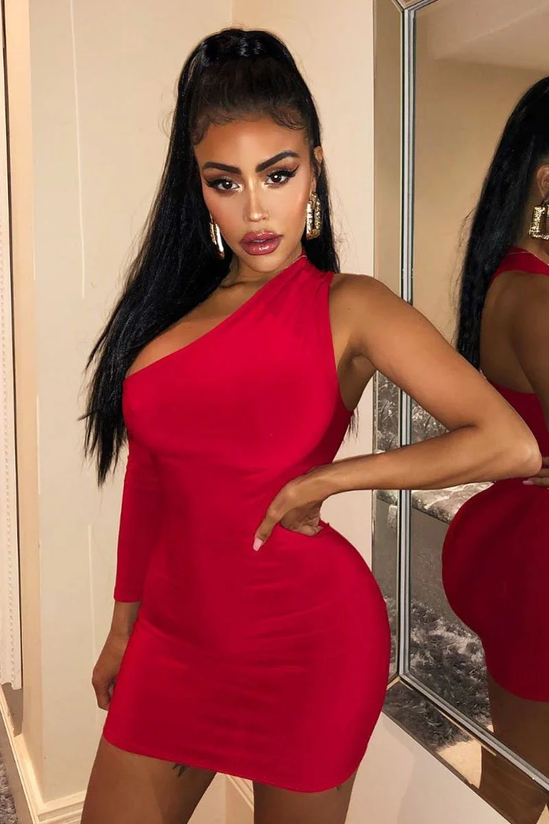 Red One Sleeve Slit Detail Slinky Mini Bodycon Dress - Bronwyn - Image 8