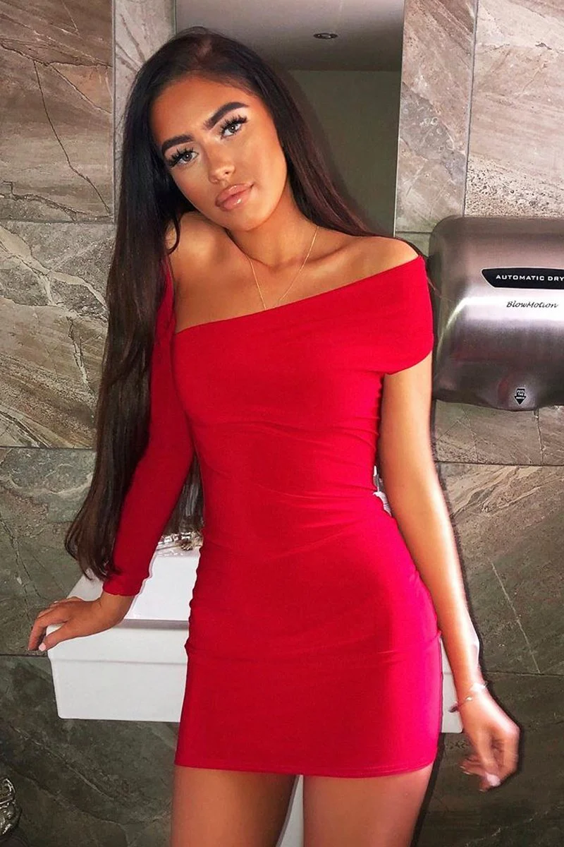 Red One Sleeve Slit Detail Slinky Mini Bodycon Dress - Bronwyn - Image 9