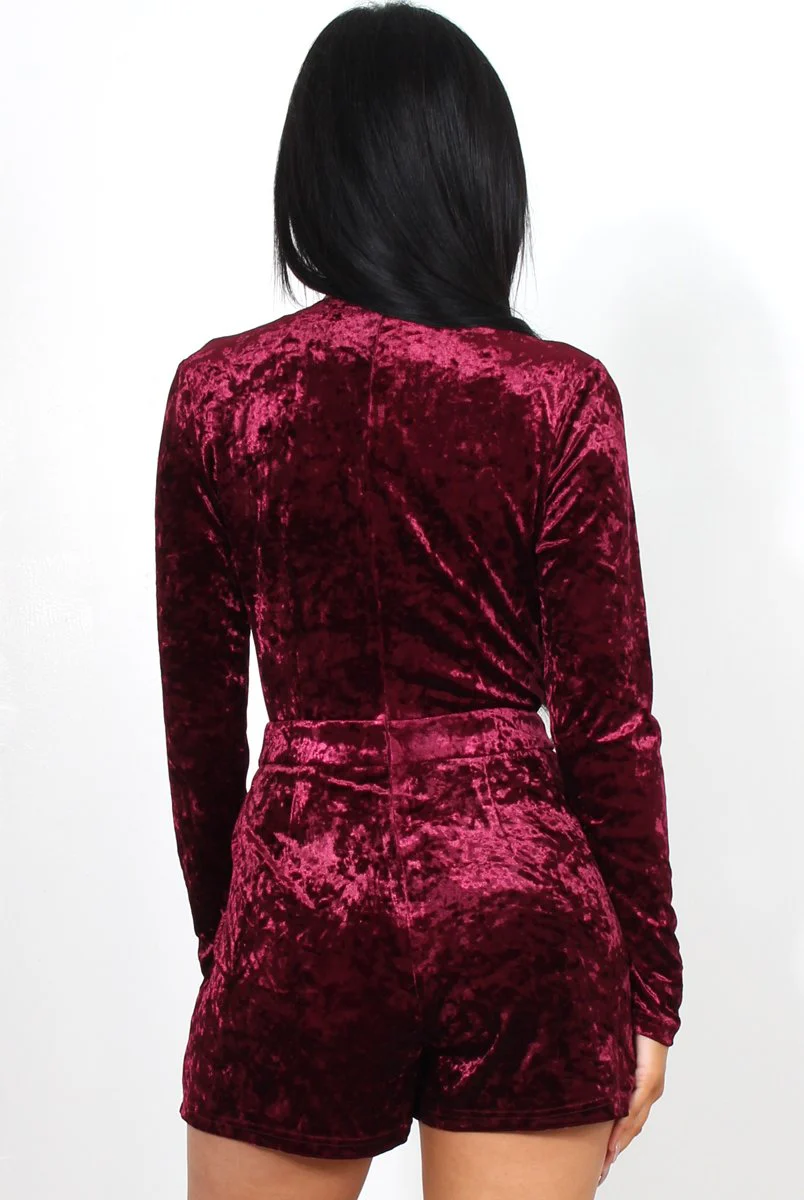 sarai Wine Velvet Plunge playsuit - Image 5