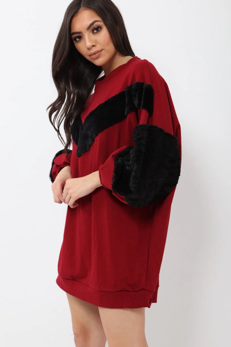 Wine Chevron Fur Jumper Dress - Esme - Image 3