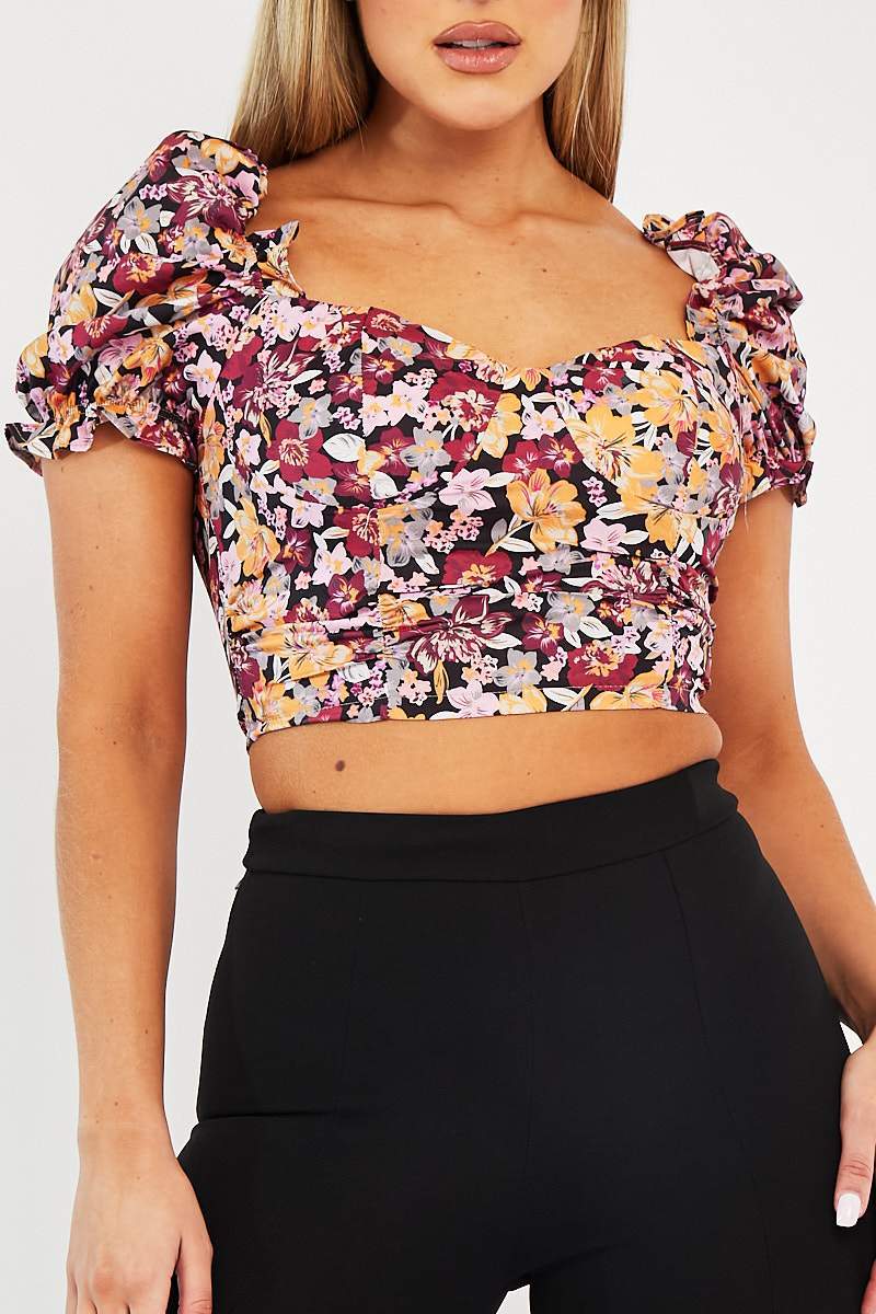 Wine Floral Puff Sleeve Crop Top - Ellorie - Image 3